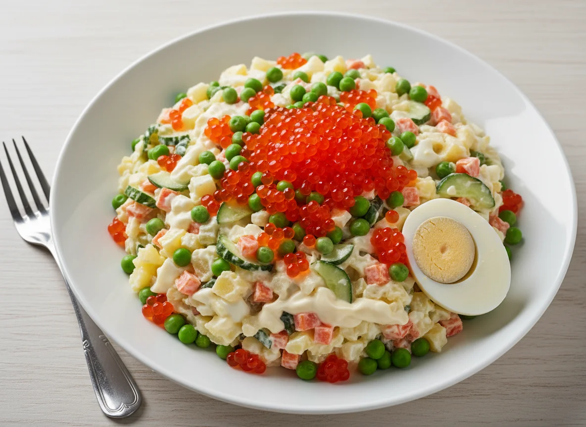 Салат с красной икрой и горошком photo