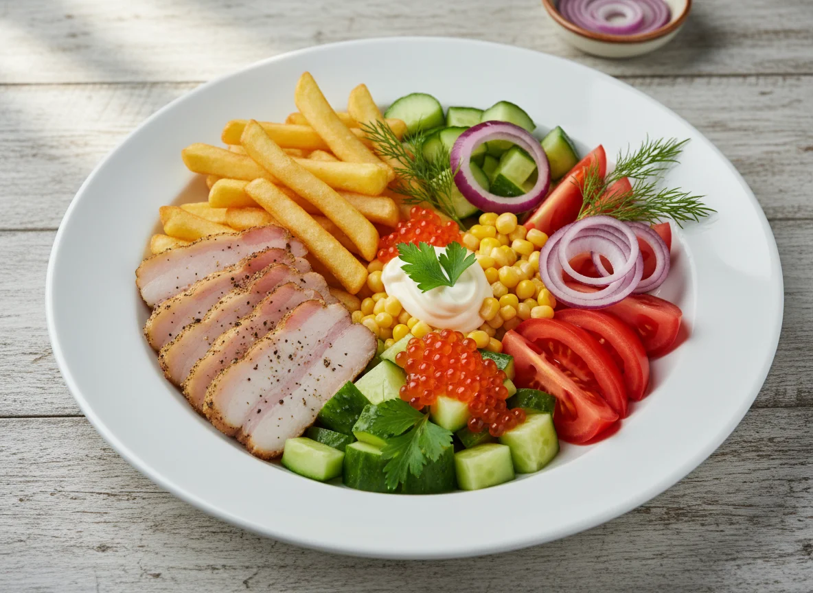 Салат с красной икрой, картофель фри и сало photo