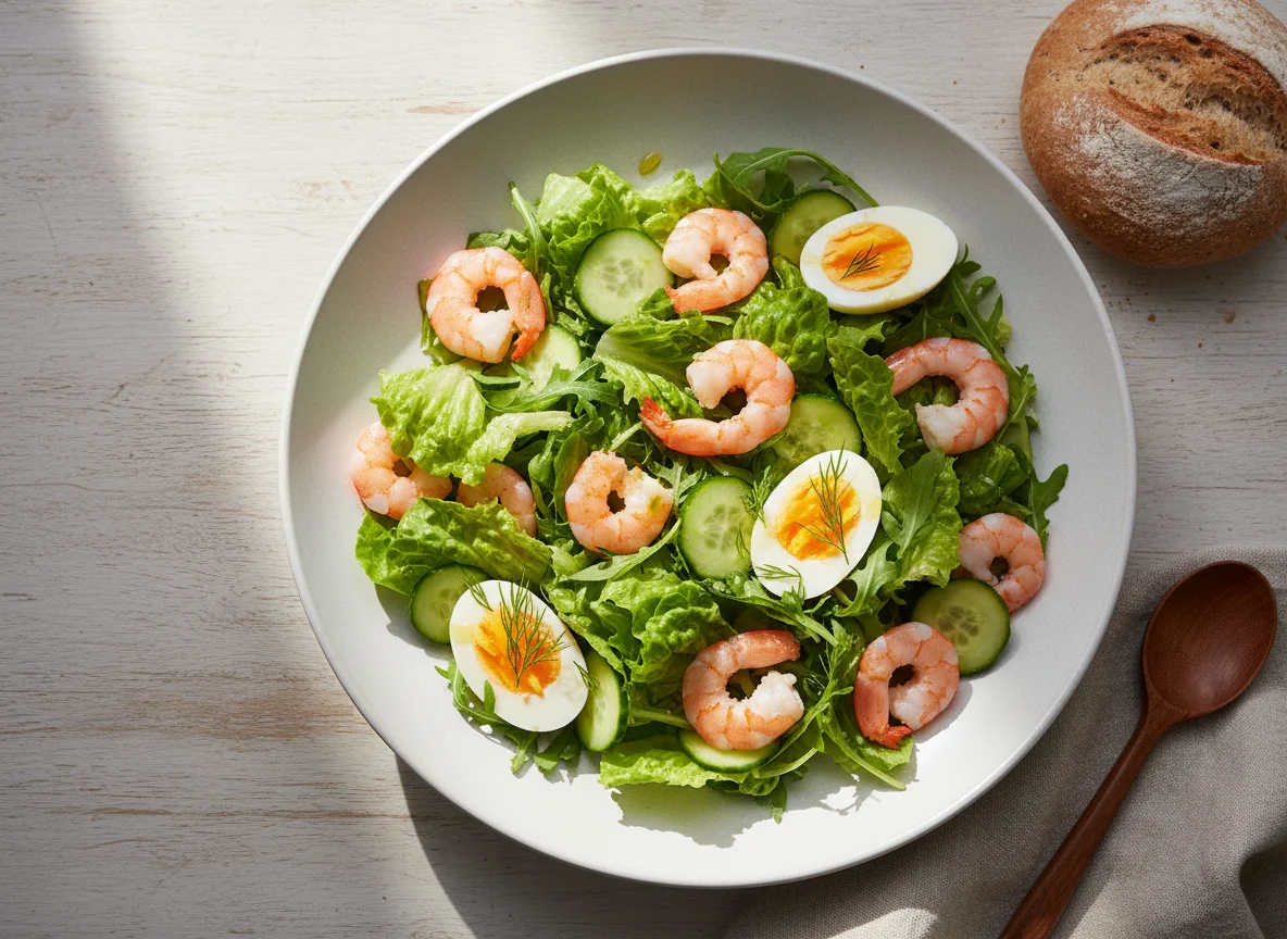 Салат с креветками, яйцами и булочкой photo