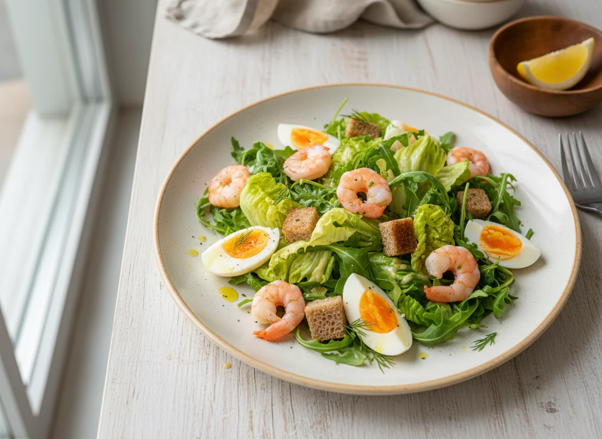 Салат с креветками, яйцами и хлебом photo