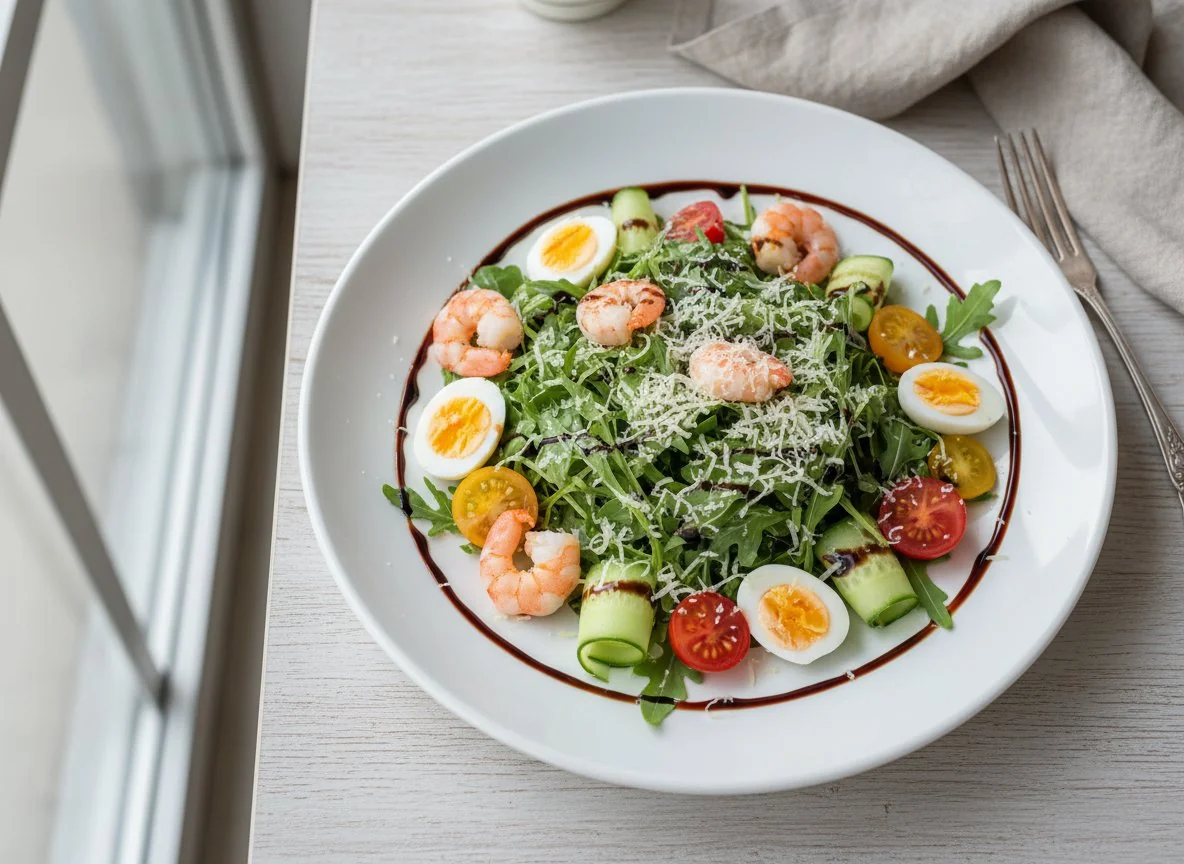 Салат с креветками, яйцами и овощами photo