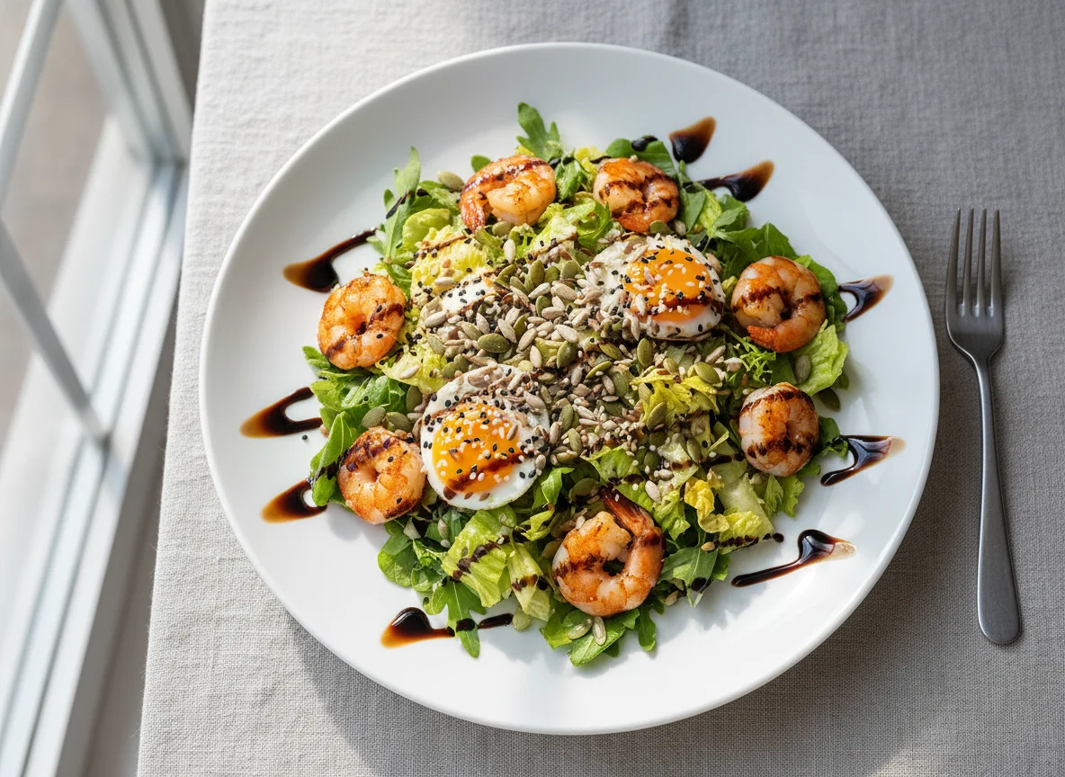 Салат с креветками, яйцами и семечками photo