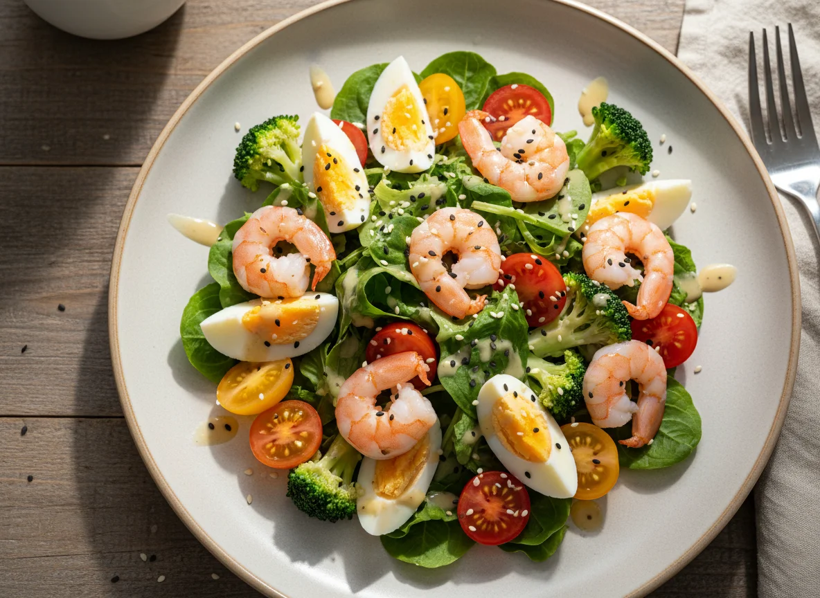 Салат с креветками, яйцом и овощами photo