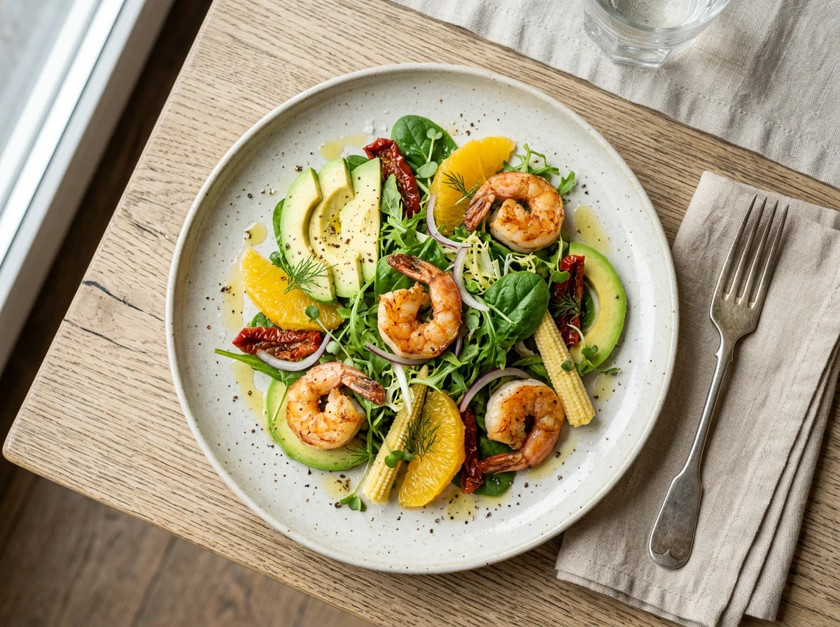 Салат с креветками, авокадо и апельсином photo