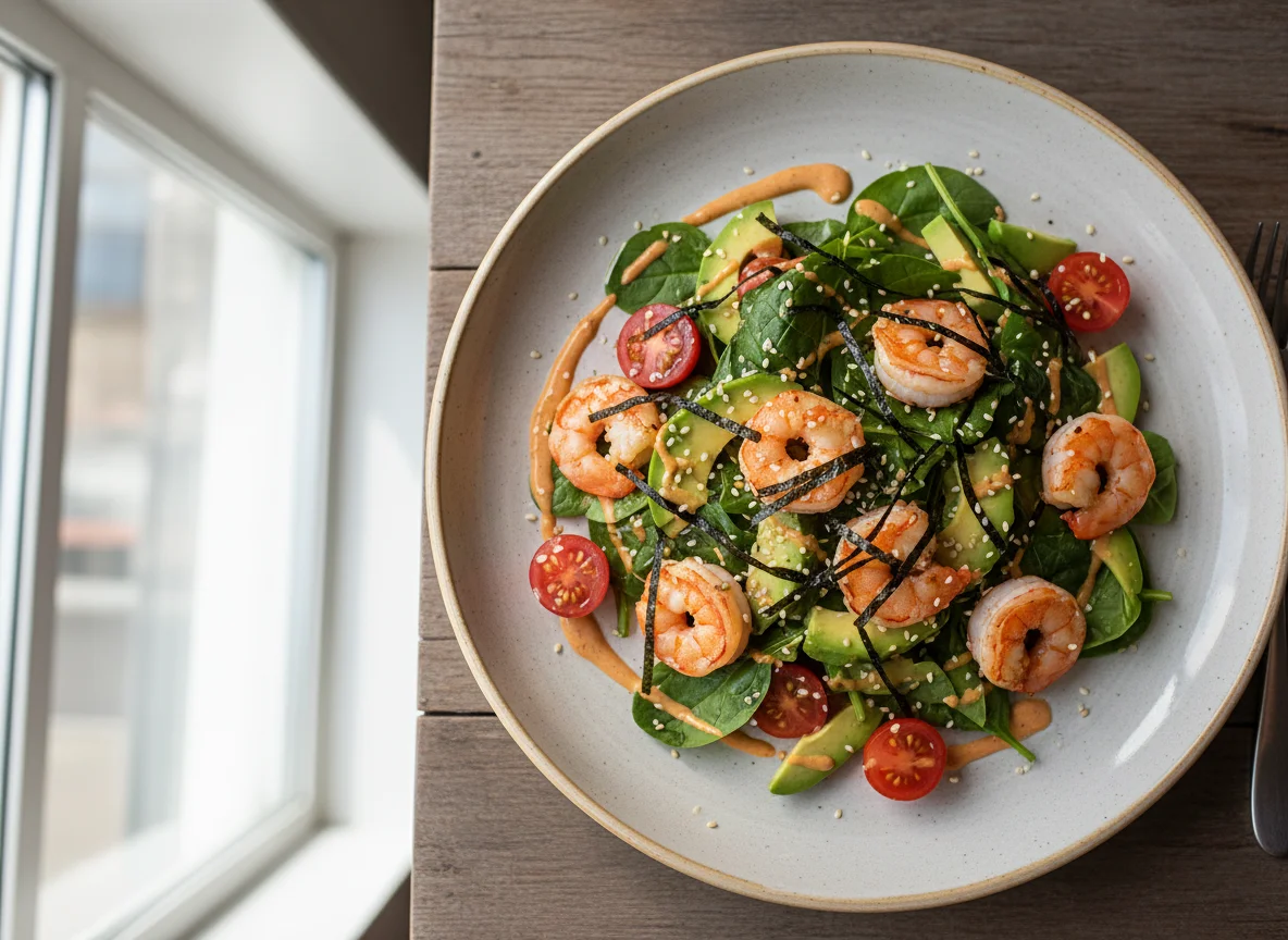 Салат с креветками, авокадо и овощами photo