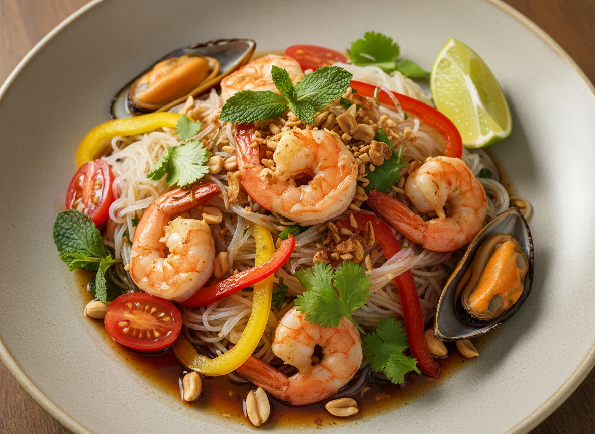 Салат с креветками и рисовой лапшой photo