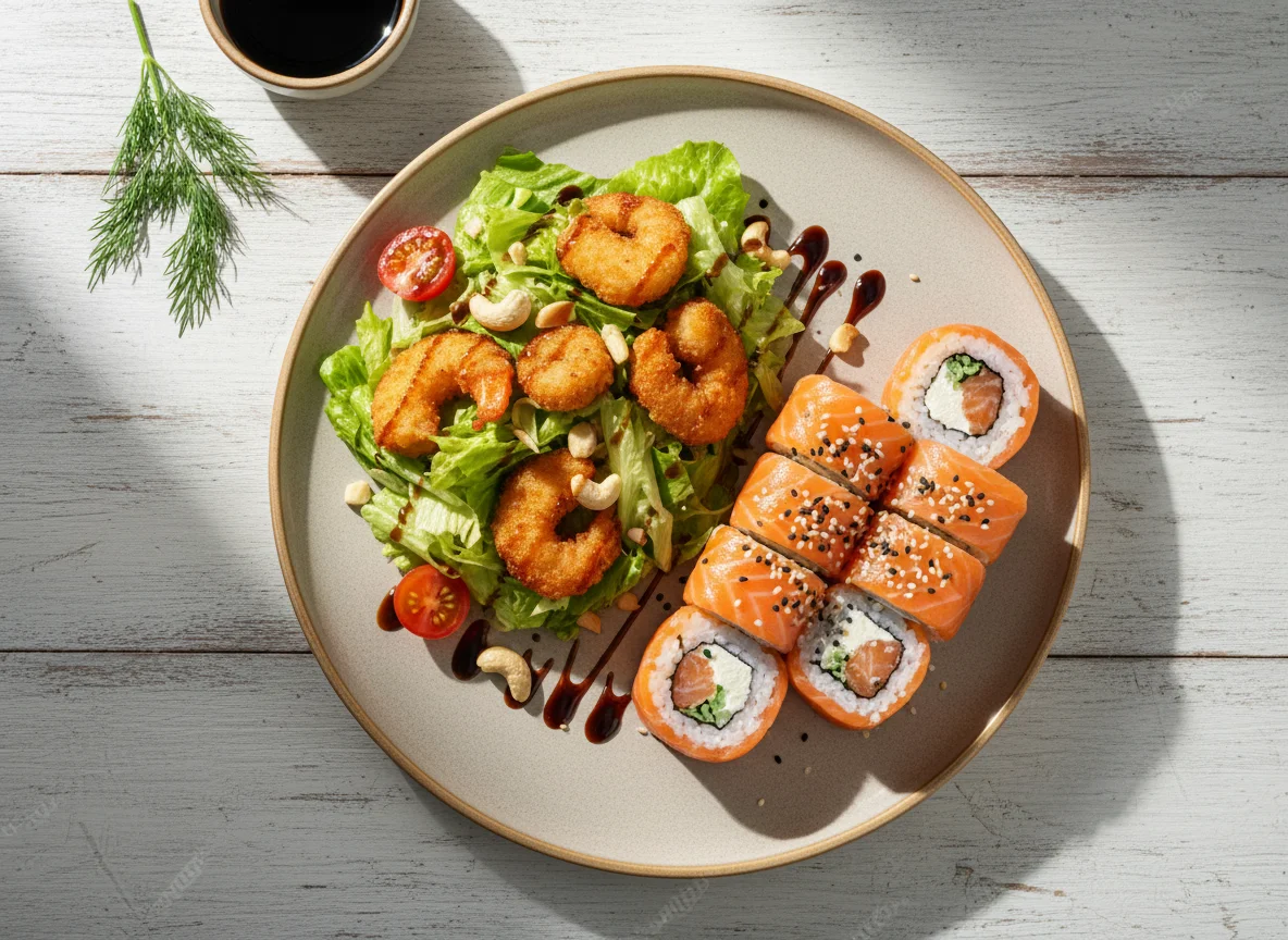 Салат с креветками и роллы с лососем photo
