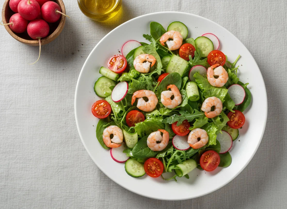 Салат с креветками и свежими овощами photo