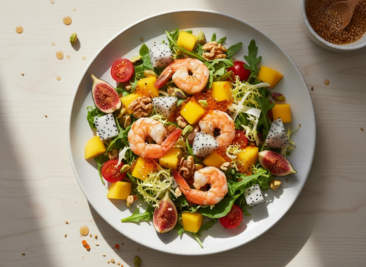 Салат с креветками, манго, икрой краба и орехами photo