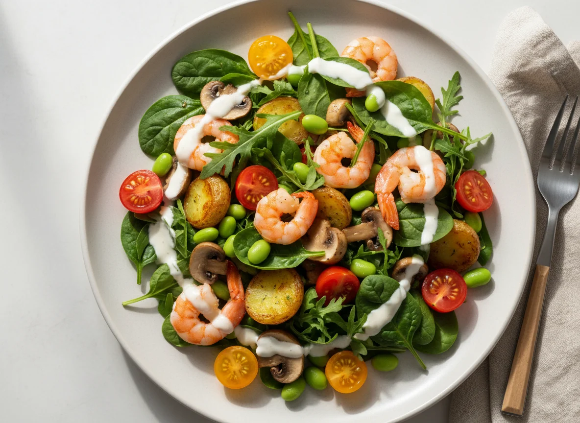 Салат с креветками, овощами и соусом photo