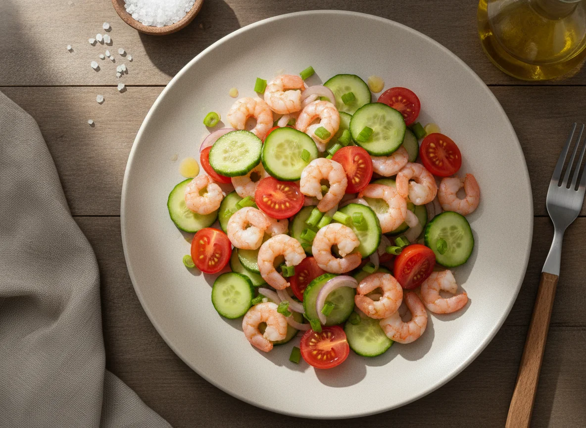 Салат с креветками, помидорами и огурцами photo
