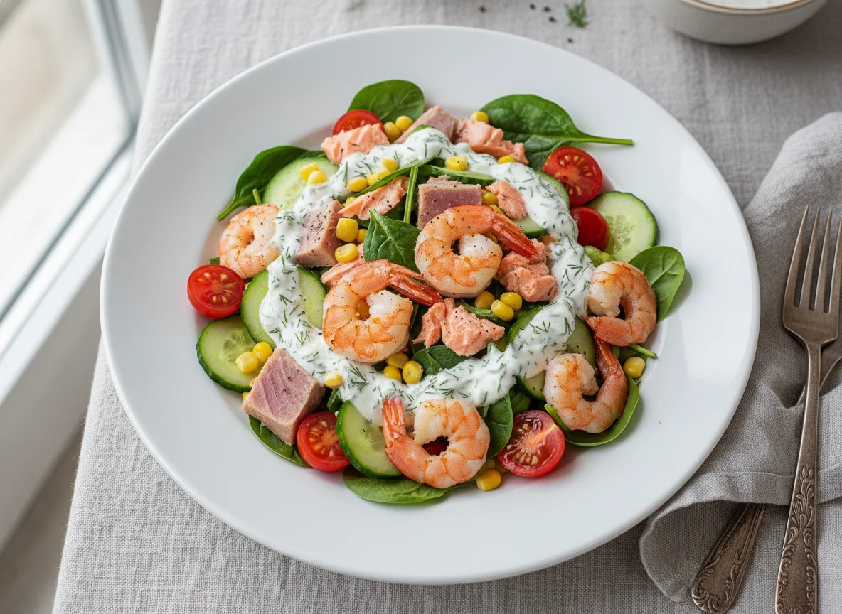 Салат с креветками, рыбой и овощами photo