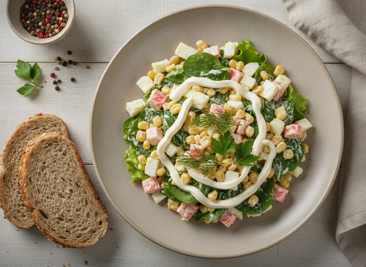 Салат с кукурузой и крабовыми палочками с хлебом photo