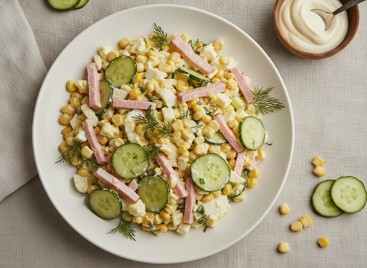 Салат с кукурузой, огурцом и ветчиной photo
