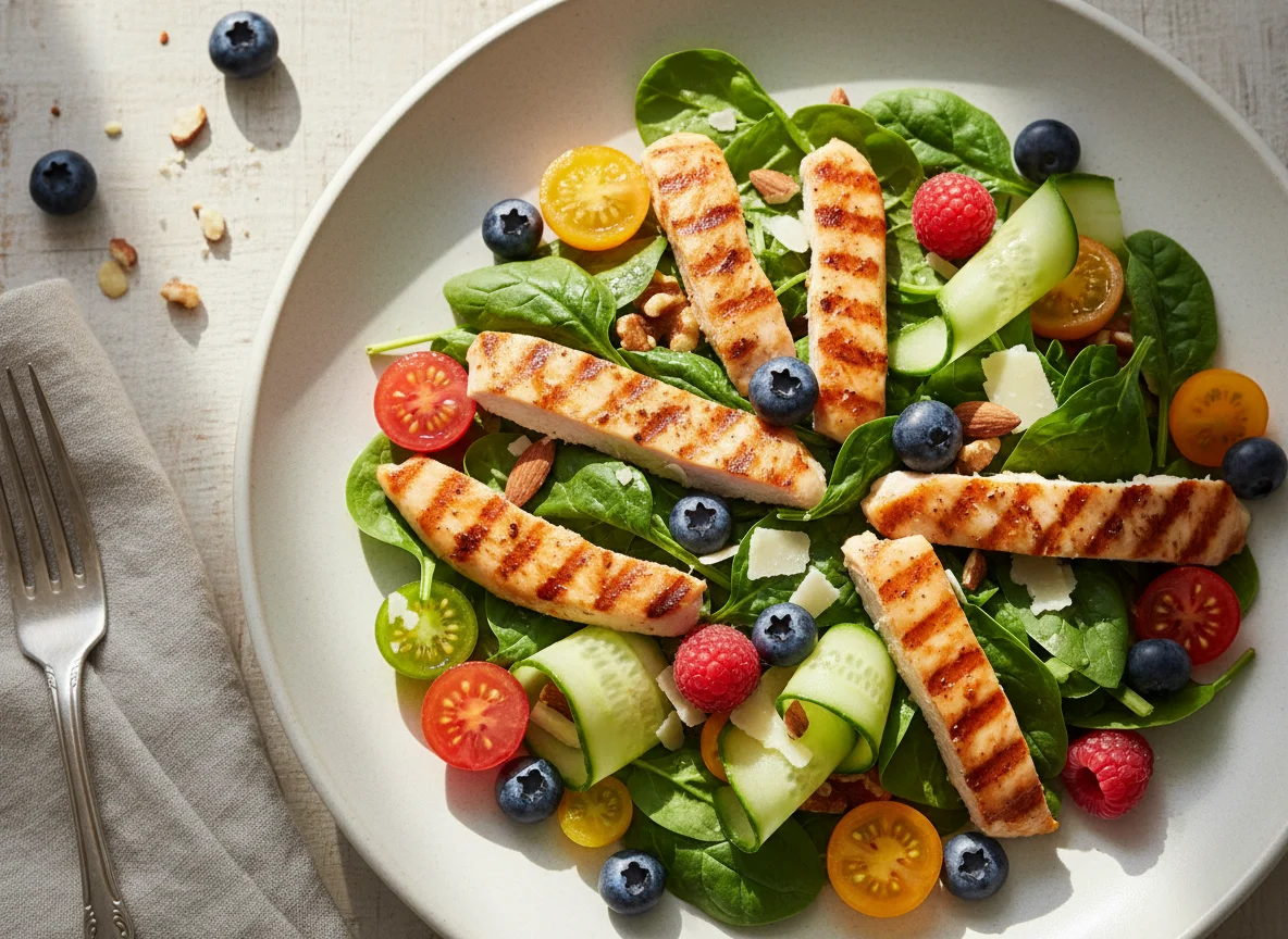 Салат с курицей, ягодами, овощами и орехами photo