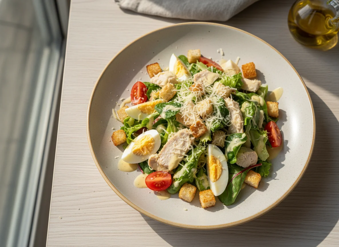 Салат с курицей, яйцами и овощами photo