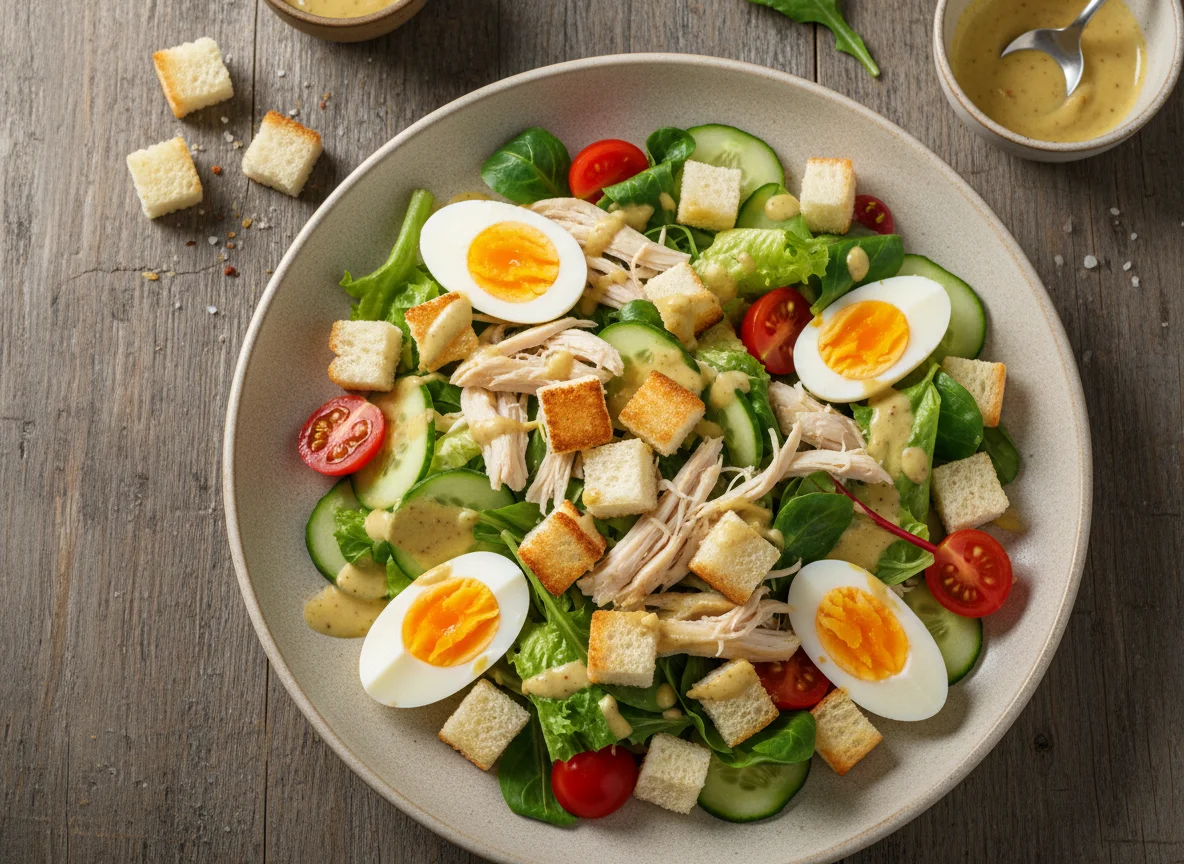 Салат с курицей, яйцами и тостами photo