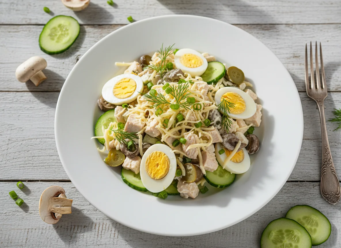 Салат с курицей, яйцом и грибами photo