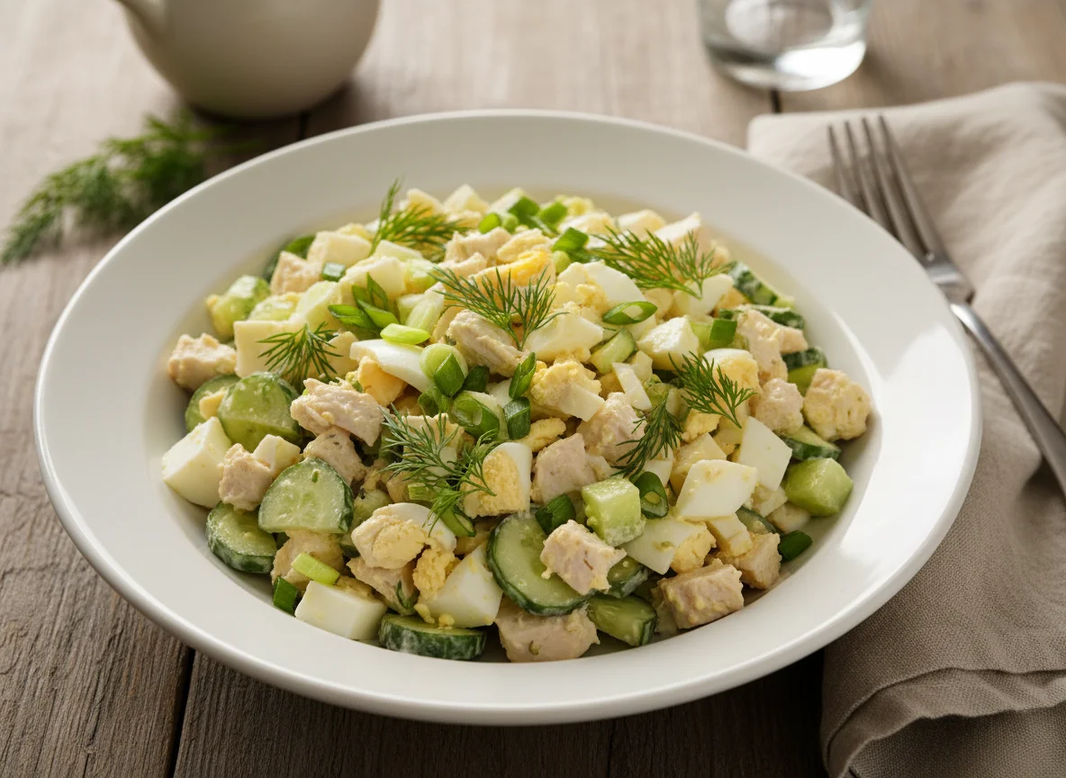 Салат с курицей, яйцом и огурцом photo