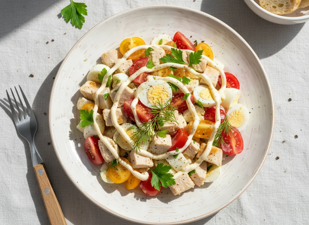 Салат с курицей, яйцом и помидорами photo