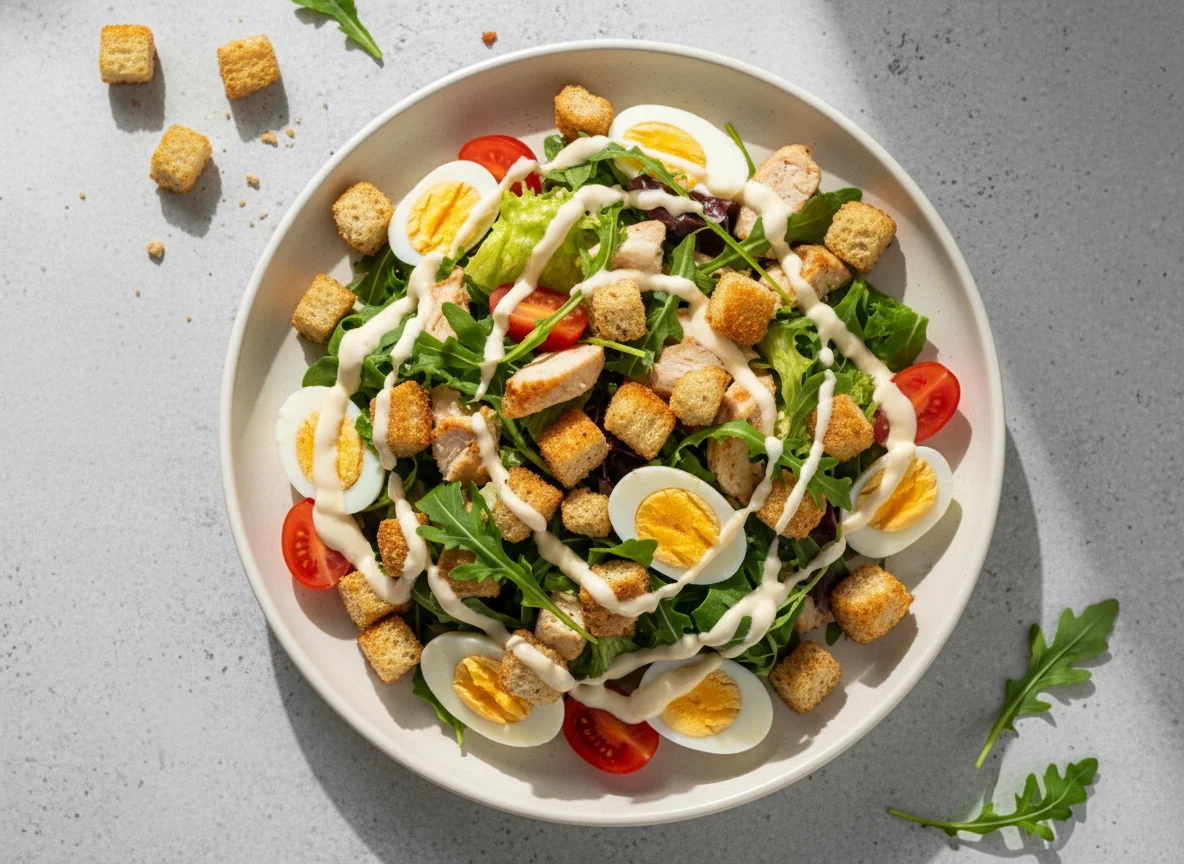 Салат с курицей, яйцом и сухариками photo