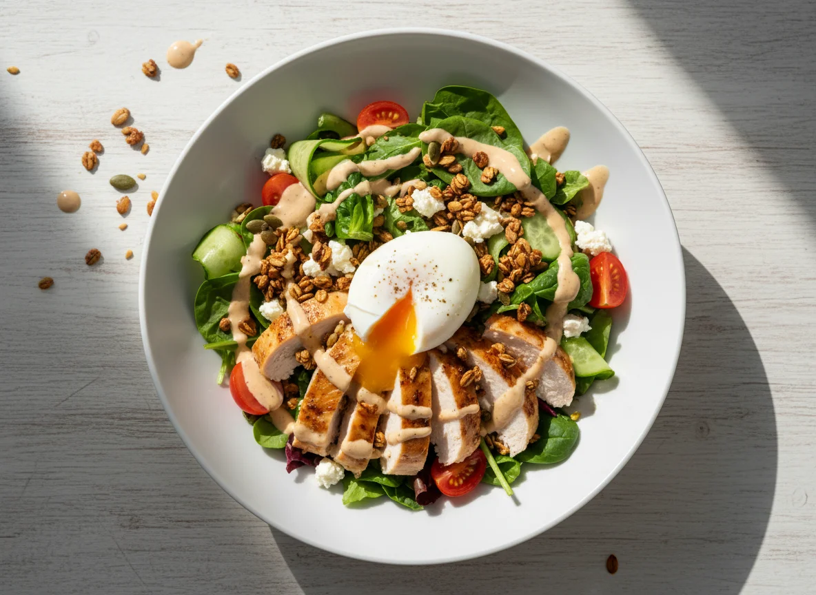 Салат с курицей, яйцом пашот и соусом photo