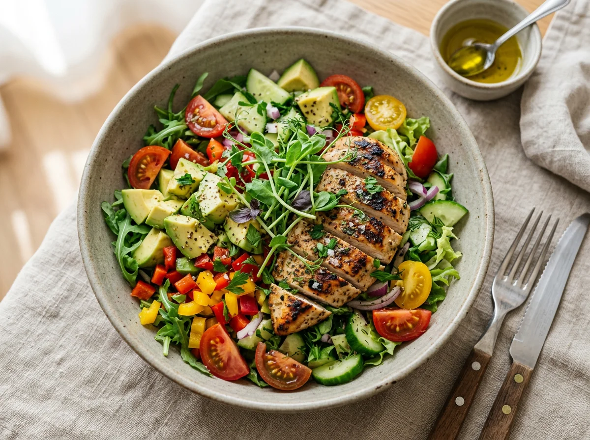 Салат с курицей, авокадо и овощами photo