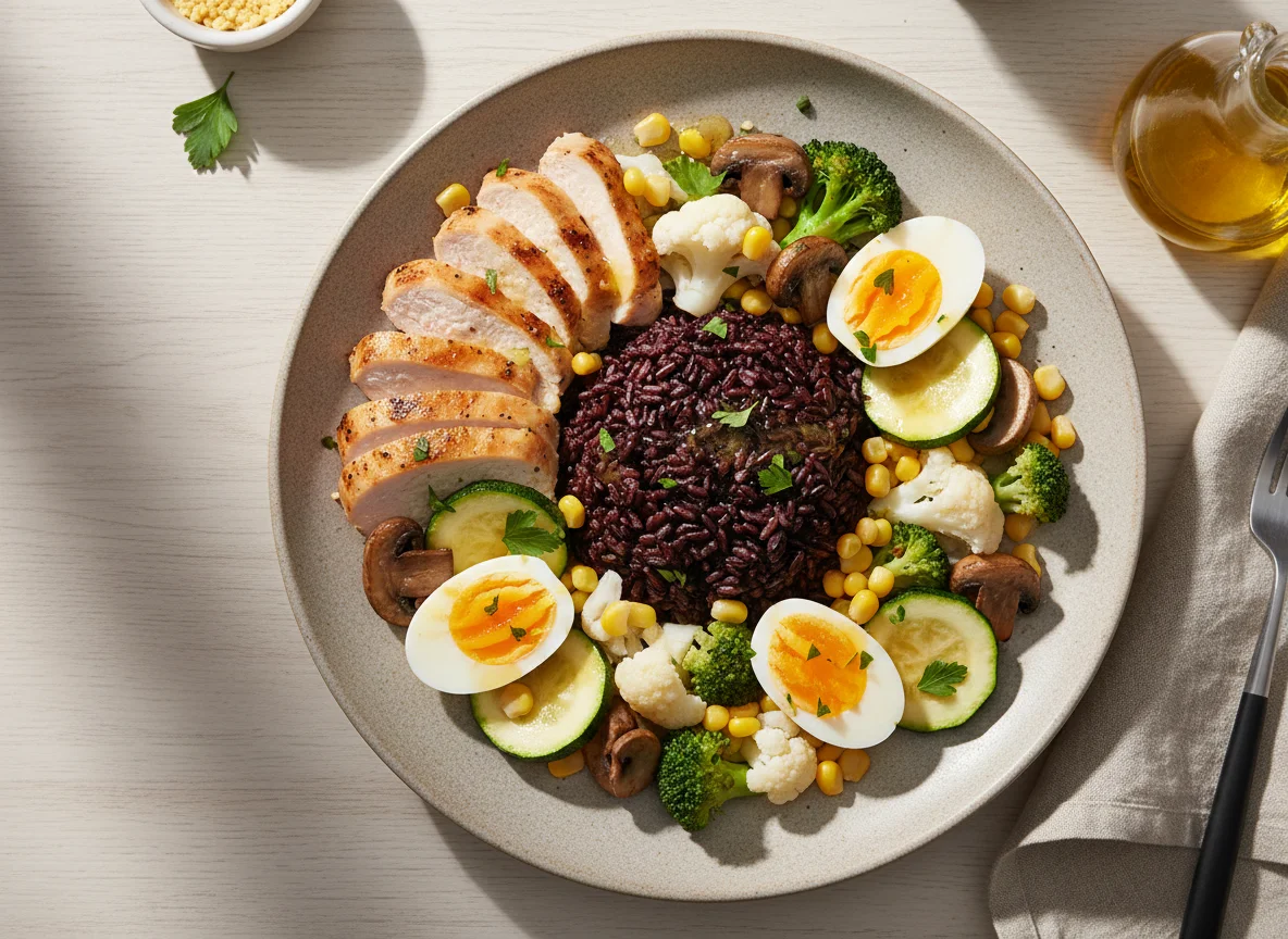 Салат с курицей, черным рисом и овощами photo