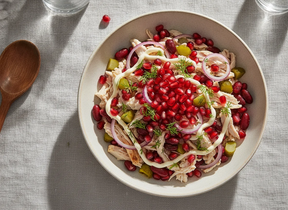Салат с курицей, фасолью и гранатом photo