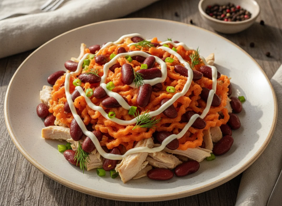Салат с курицей, фасолью и корейской морковью photo