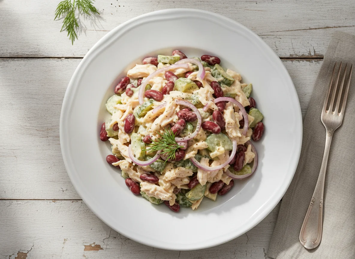 Салат с курицей, фасолью и маринованными огурцами photo