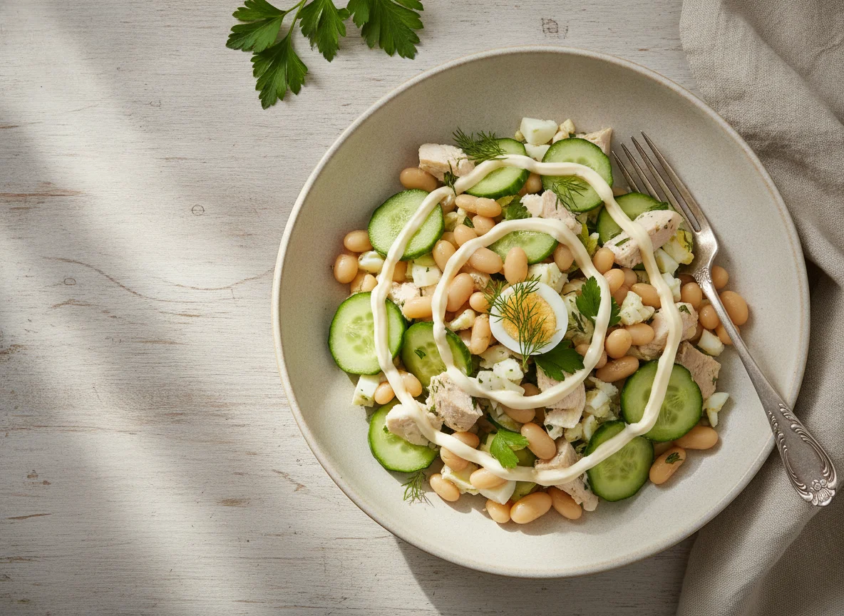 Салат с курицей, фасолью и огурцом photo