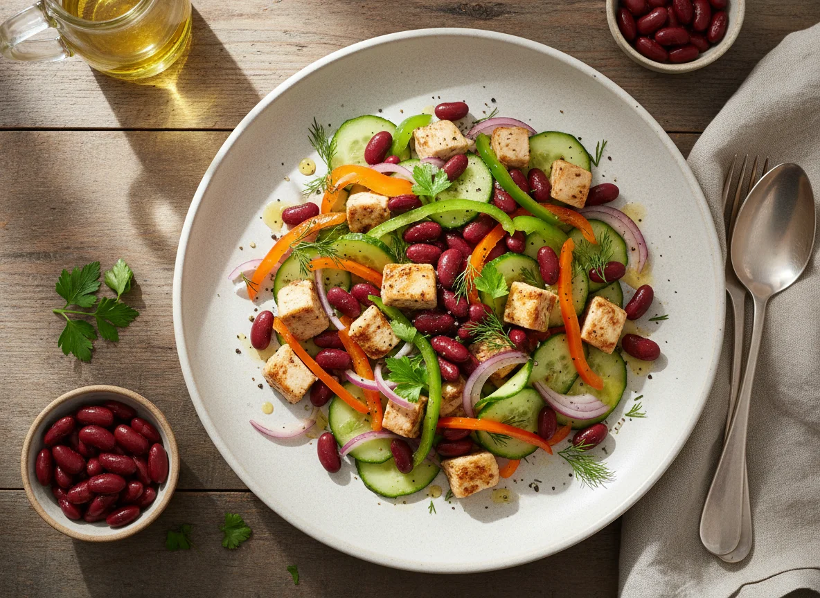 Салат с курицей, фасолью и овощами photo