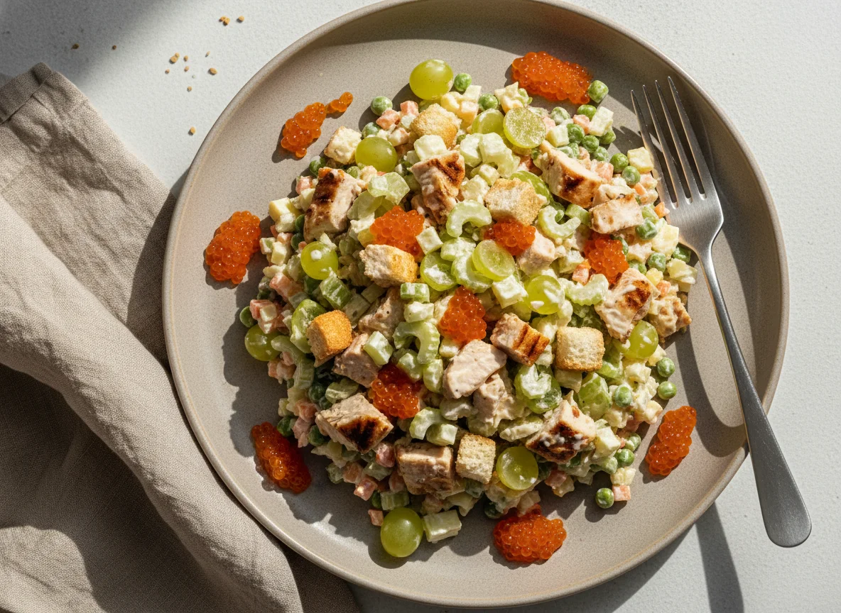 Салат с курицей, гренками и овощной икрой photo