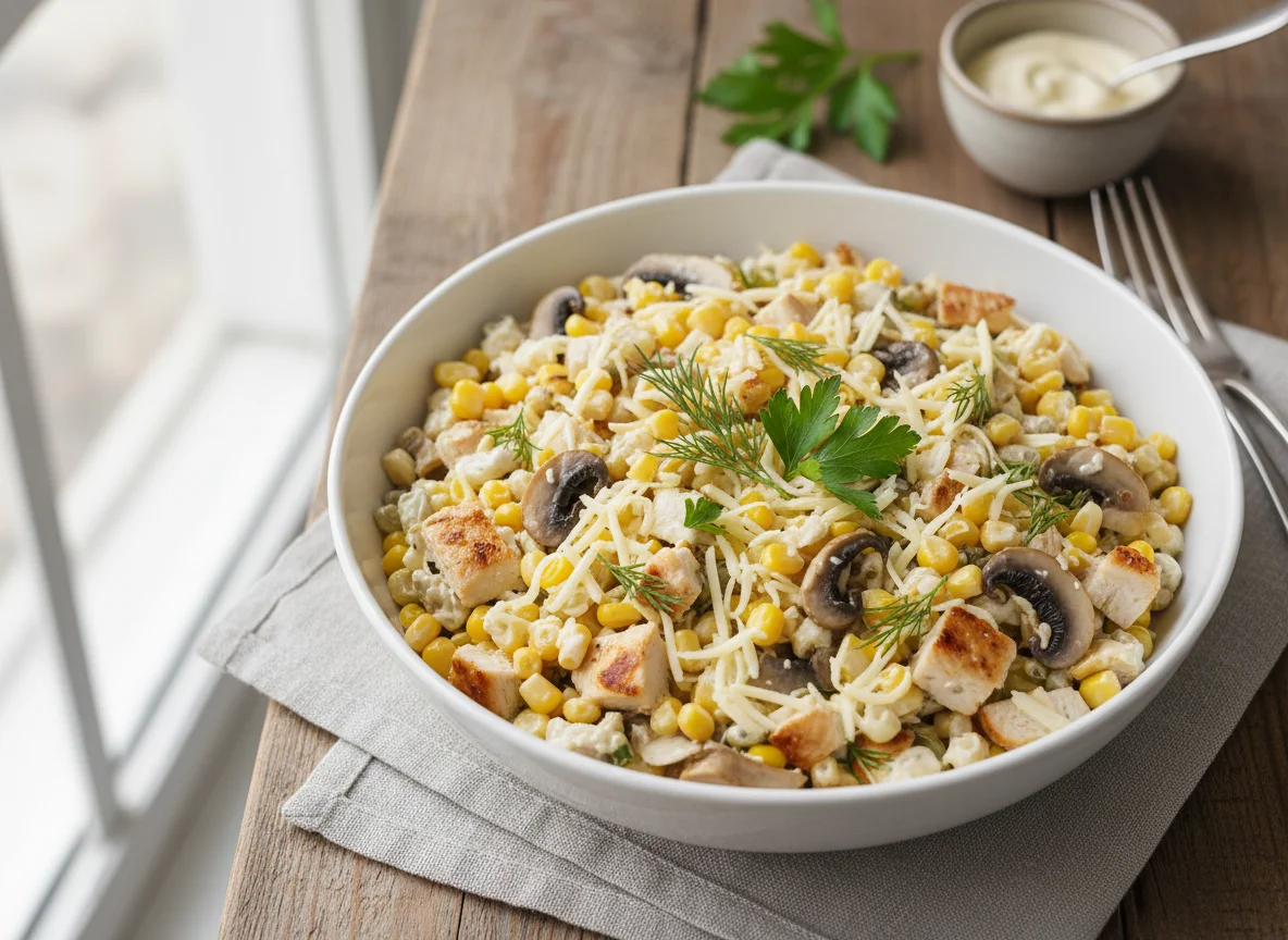 Салат с курицей, грибами и кукурузой photo