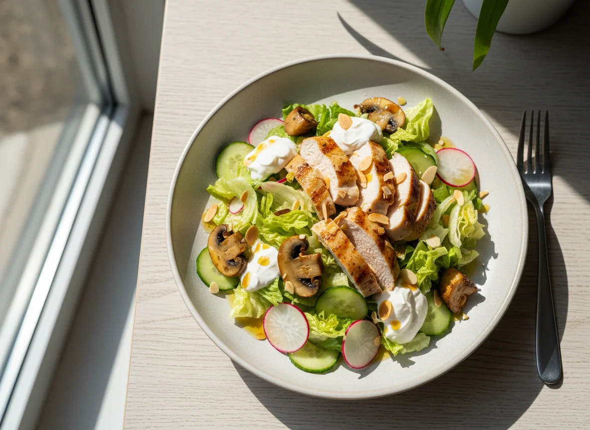 Салат с курицей, грибами и соусом photo