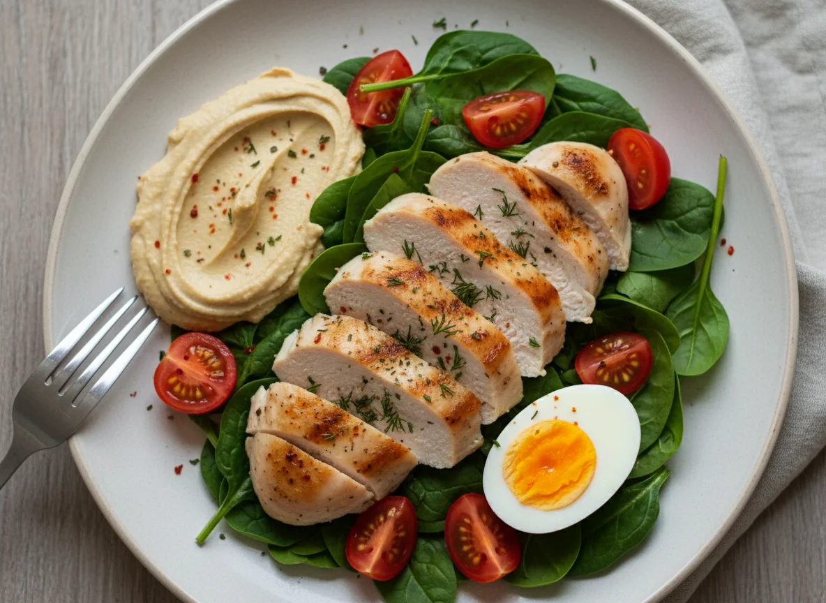 Салат с курицей, хумусом и яйцом photo