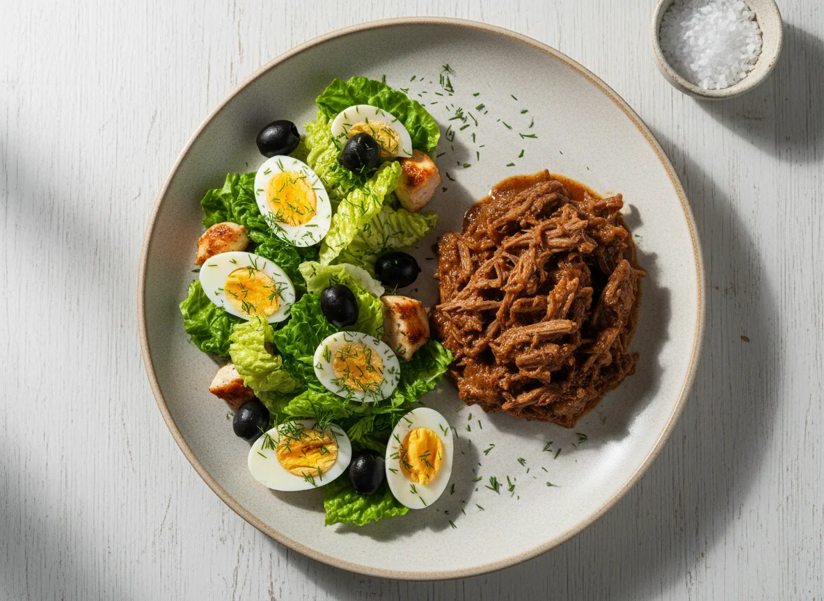 Салат с курицей и яйцом, тушеное мясо photo