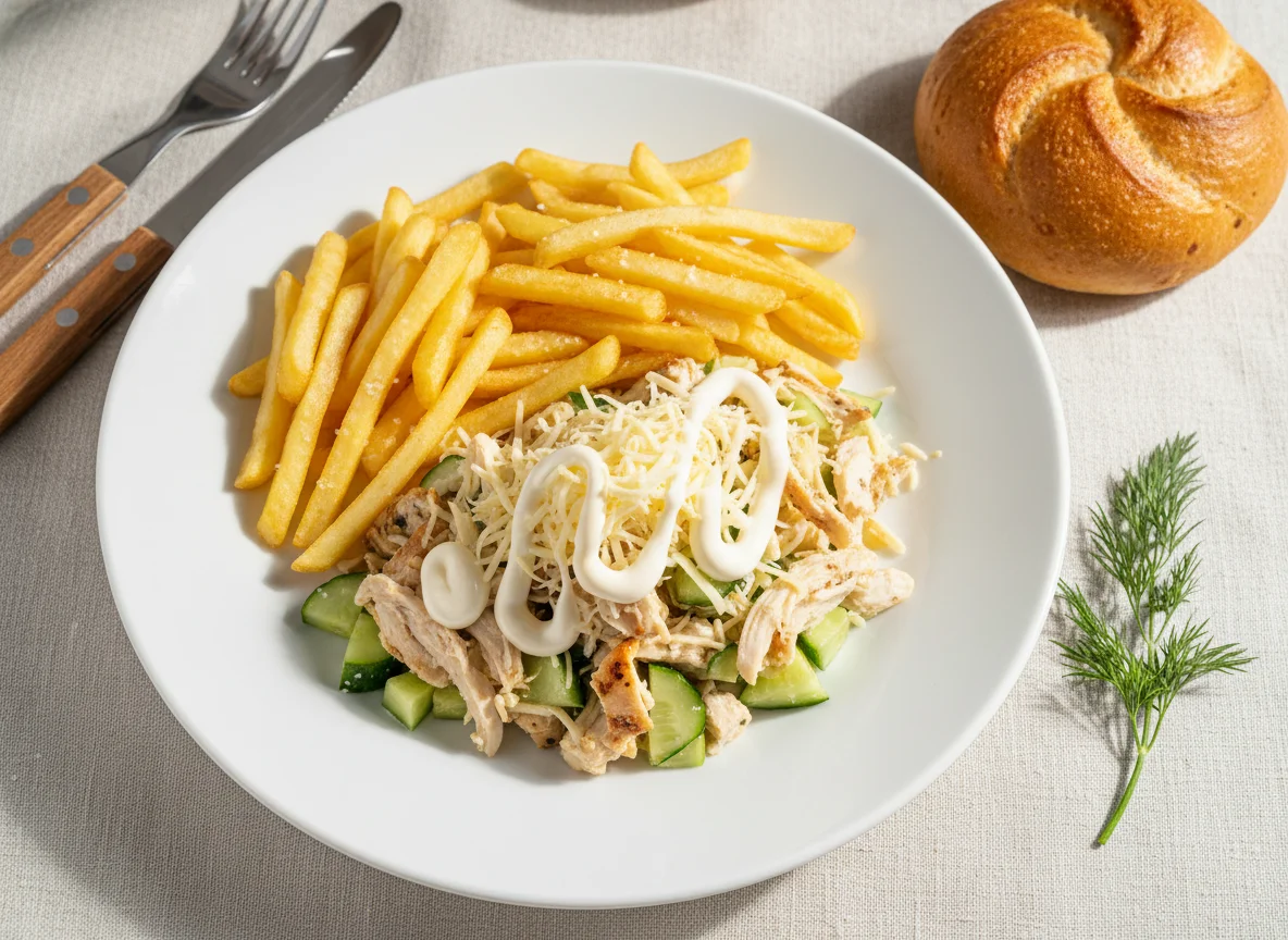 Салат с курицей и картофелем фри с булочкой photo