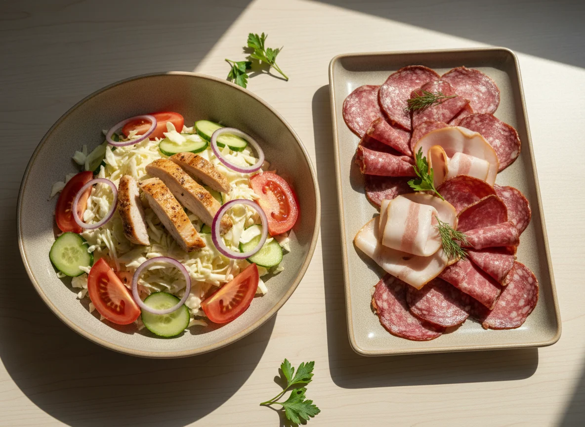 Салат с курицей и овощами и мясная нарезка photo