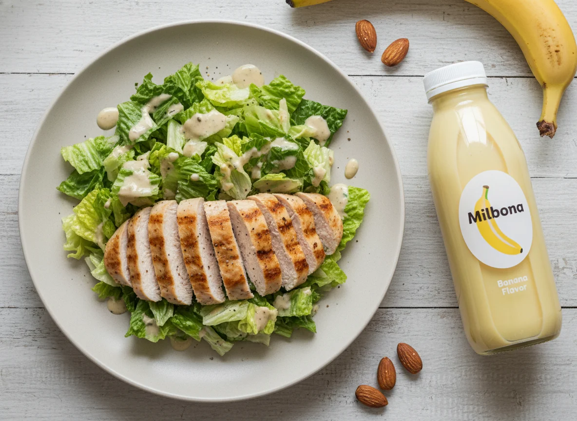 Салат с курицей и протеиновый напиток photo