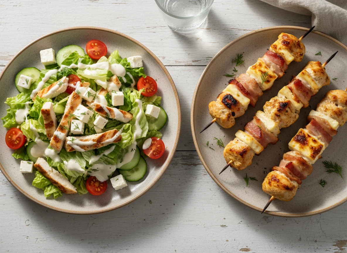 Салат с курицей и шашлык из курицы с сыром photo