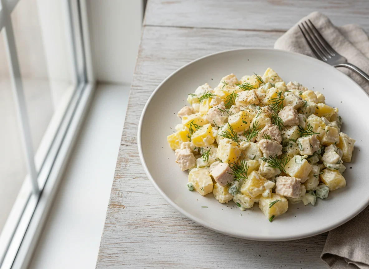 Салат с курицей, картофелем и яйцом photo