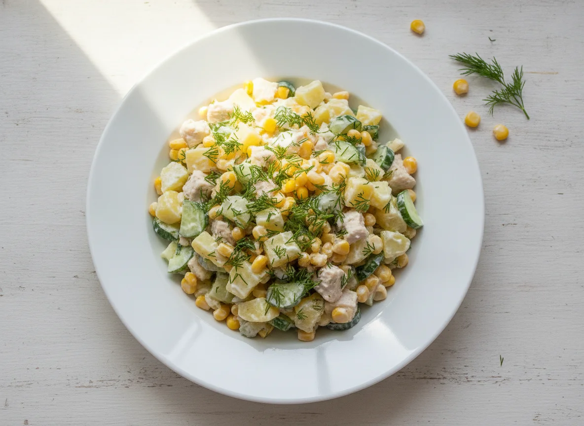 Салат с курицей, картофелем и кукурузой photo