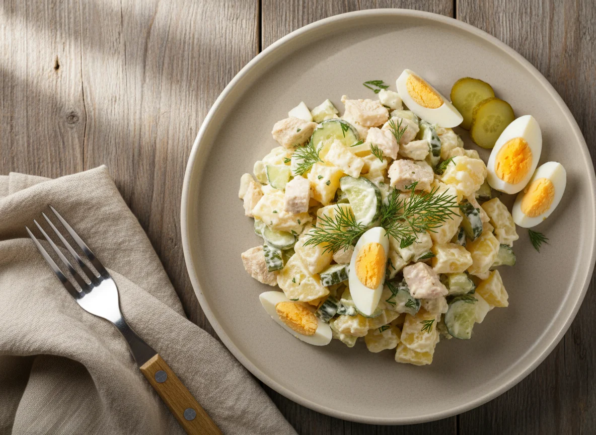 Салат с курицей, картофелем и огурцами photo