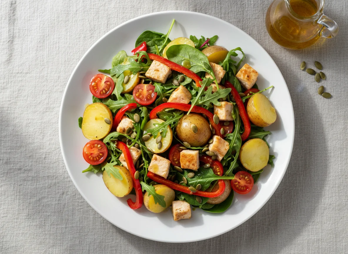 Салат с курицей, картофелем и овощами photo