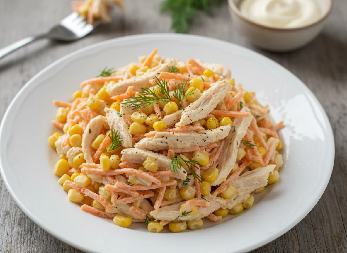 Салат с курицей, кукурузой и морковью photo