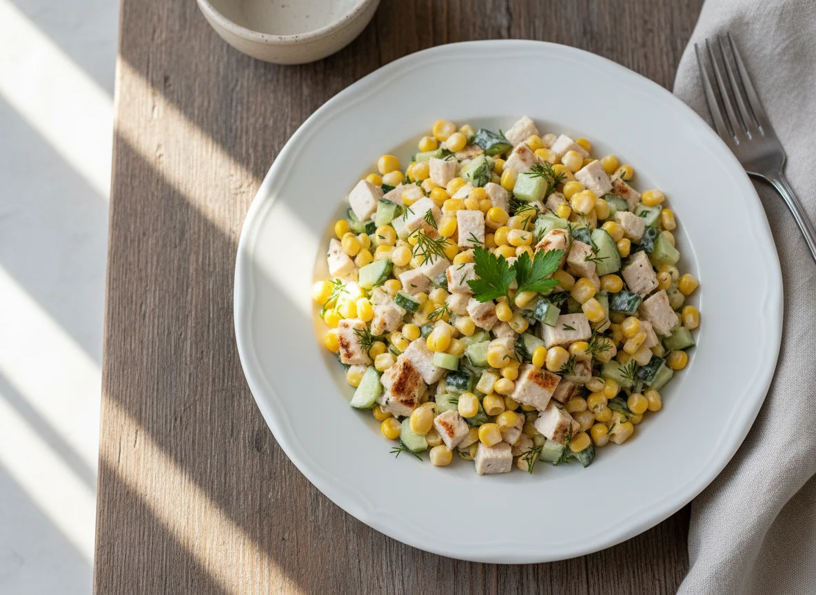 Салат с курицей, кукурузой и огурцом photo