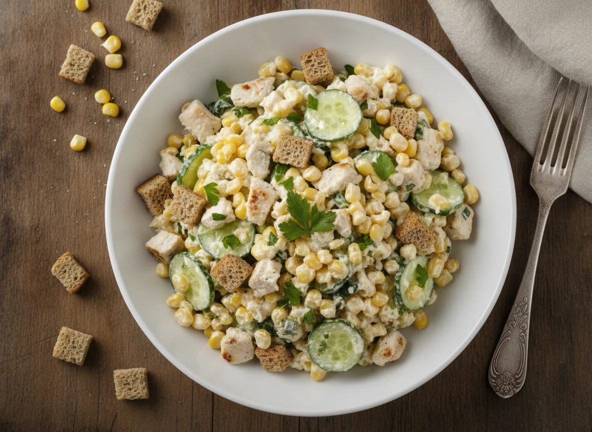 Салат с курицей, кукурузой и сухариками photo