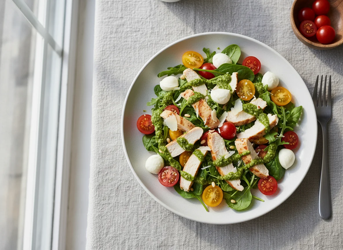 Салат с курицей, моцареллой и песто photo